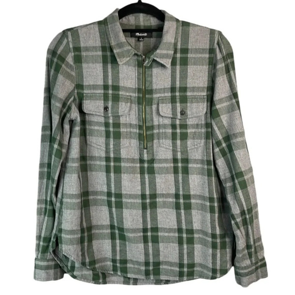 Madewell Plaid Flannel Quarter Zip Pullover Shirt Forest Green Grey Size Small - Picture 2 of 13